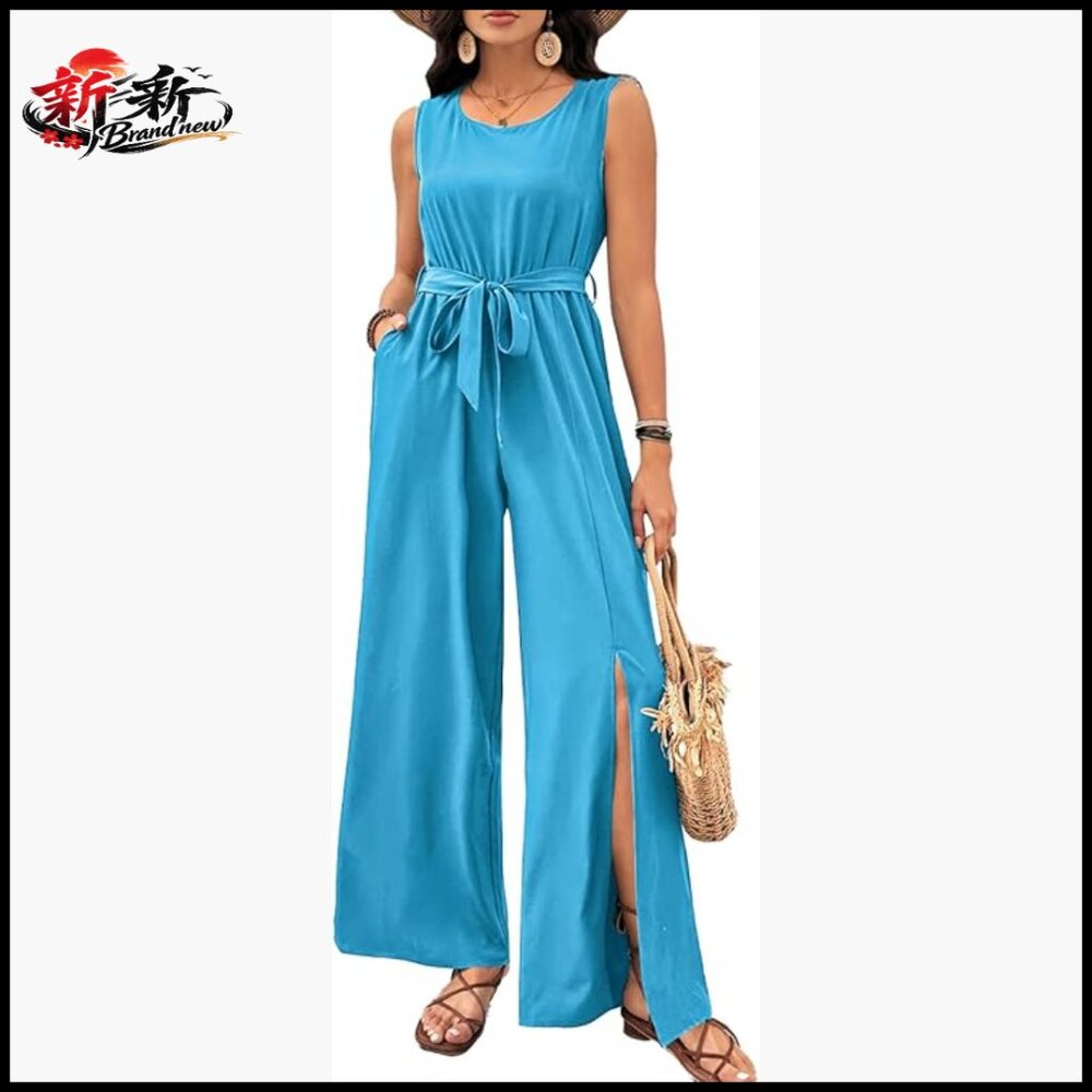 Sleeveless Wide Leg Jumpsuit with Belt and Pockets